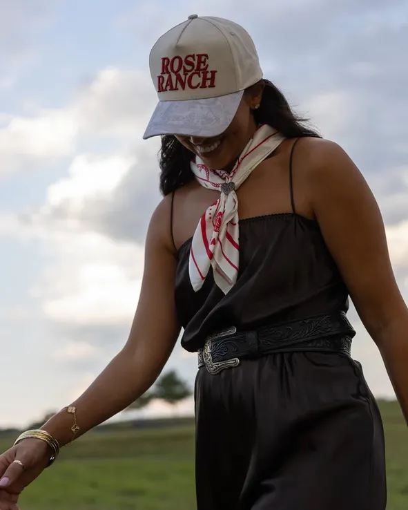 Satin Slip Dress with Wide Belt and Baseball Cap — Ranch Outfits