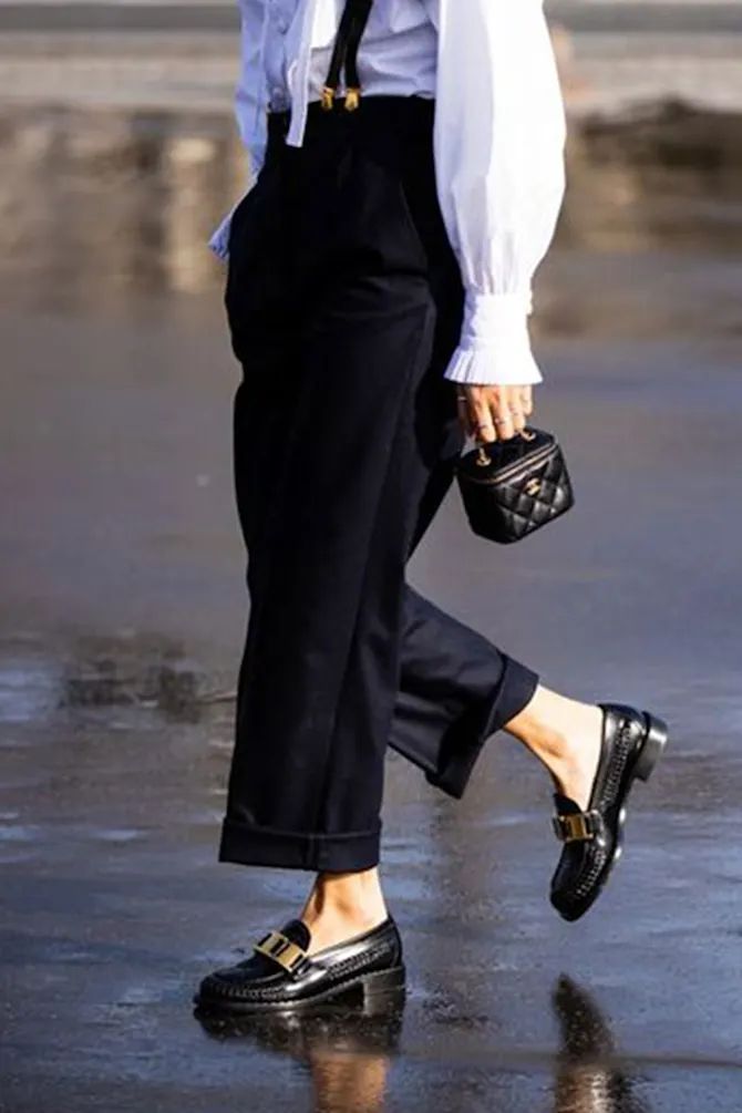 Wide-Leg Trousers and Suspenders with Gold Hardware Loafers — Chunky Loafers Outfits