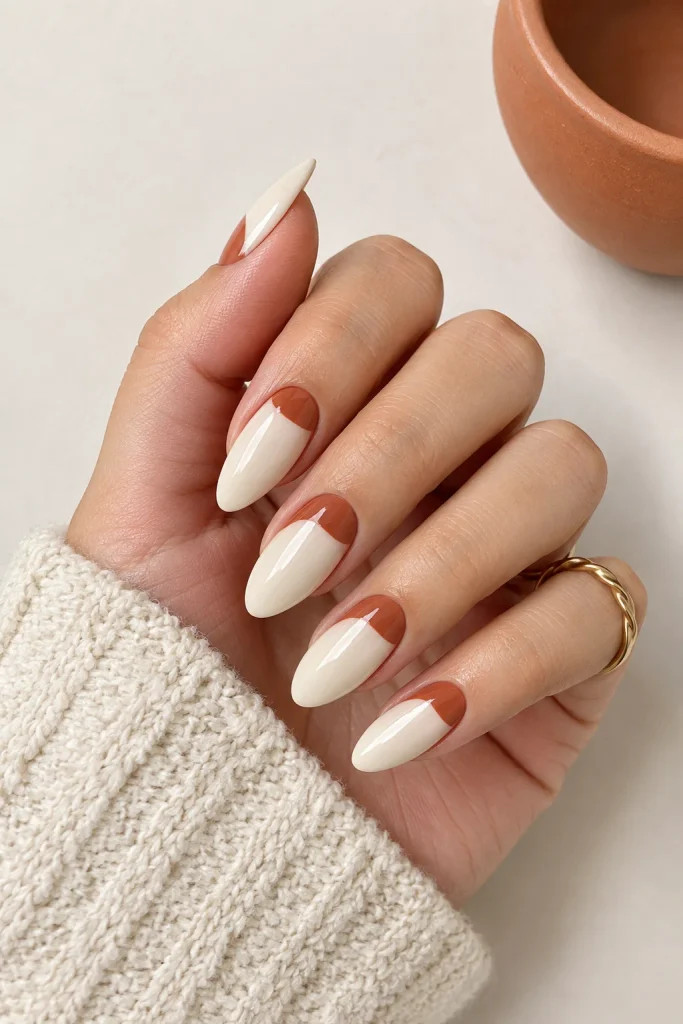 Cream Base with Terracotta French Tips Cream Base with Terracotta French Tips — Two Tone Nails
