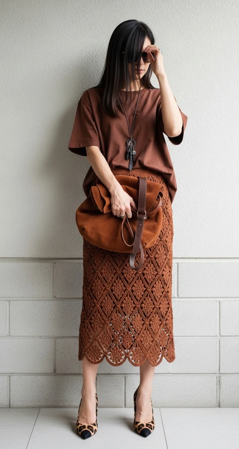 Crocheted Long Skirt with Short-Sleeve T-Shirt — Long Skirt Outfits