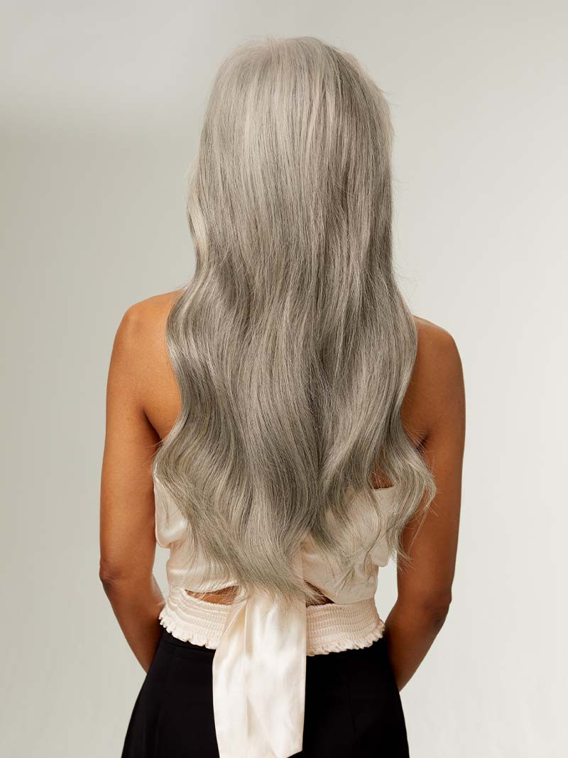 Light Gray Loose Waves Back View — Halo Extensions Hairstyles