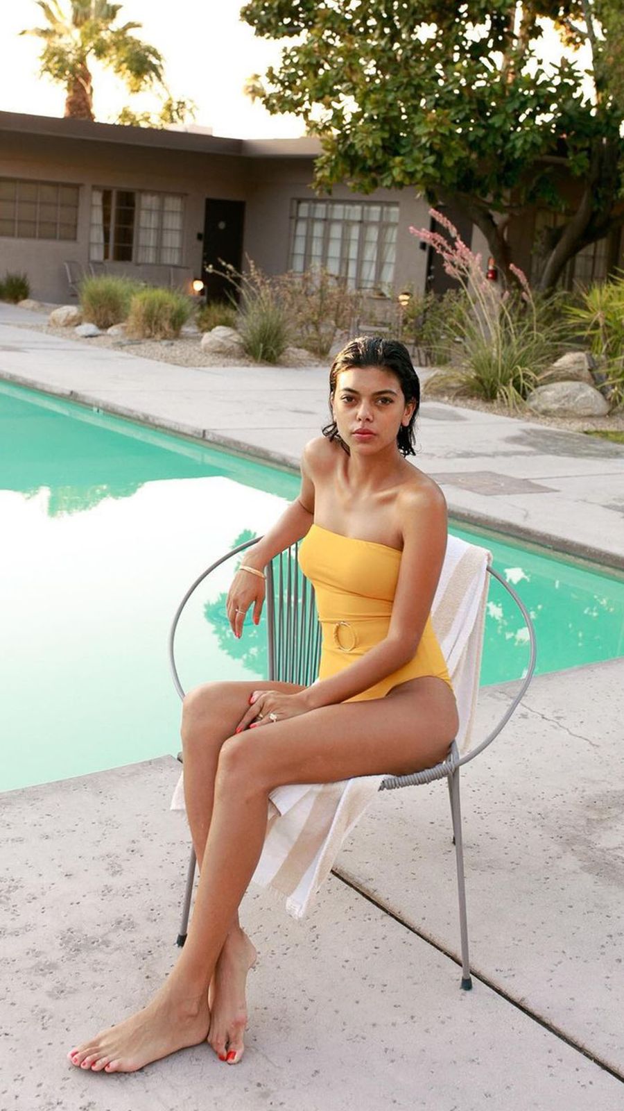Sunny Yellow Strapless Swimsuit for Poolside Relaxation Sunny Yellow Strapless Swimsuit for Poolside Relaxation — Palm Springs Outfits