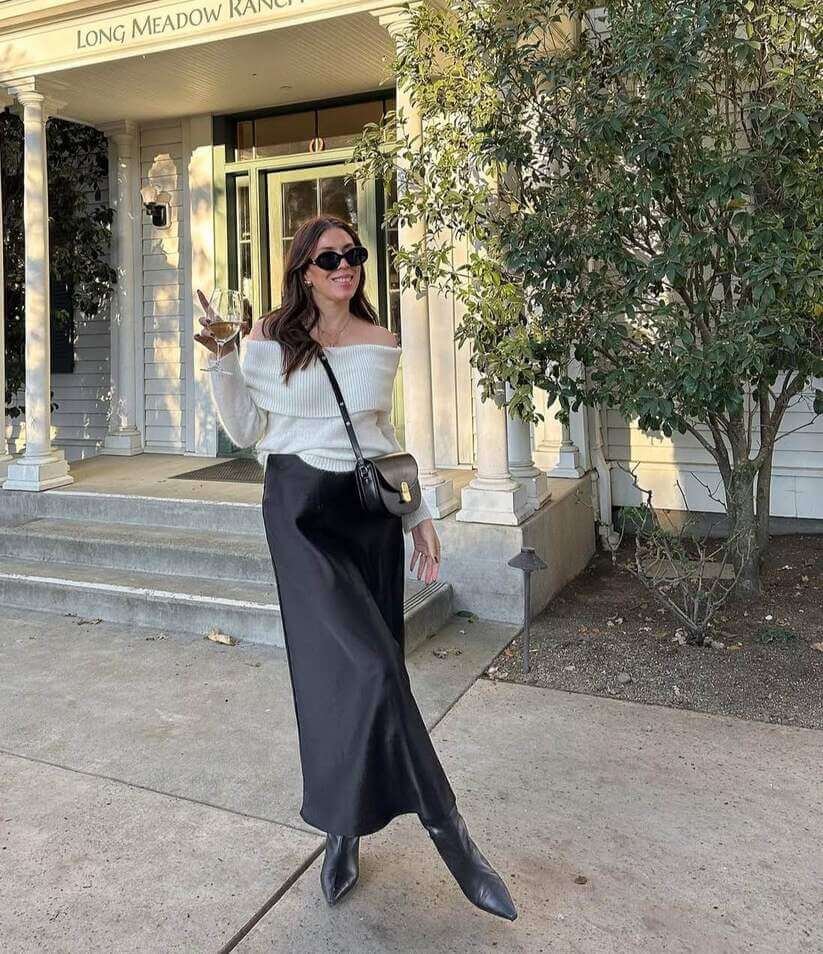 Off-the-Shoulder Knit Sweater Paired with a Satin Maxi Skirt — Winery Outfits