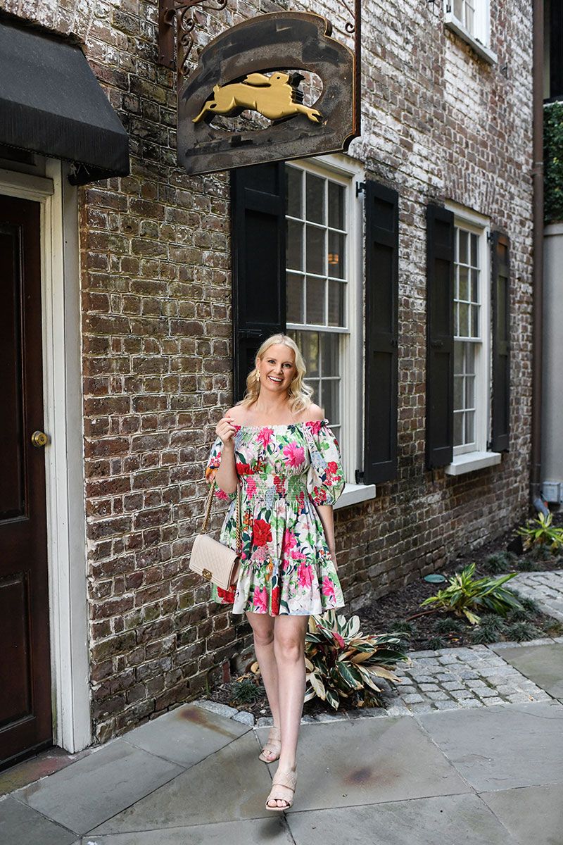 White Smocked Mini Dress with Bold Floral Print — Charleston Outfits