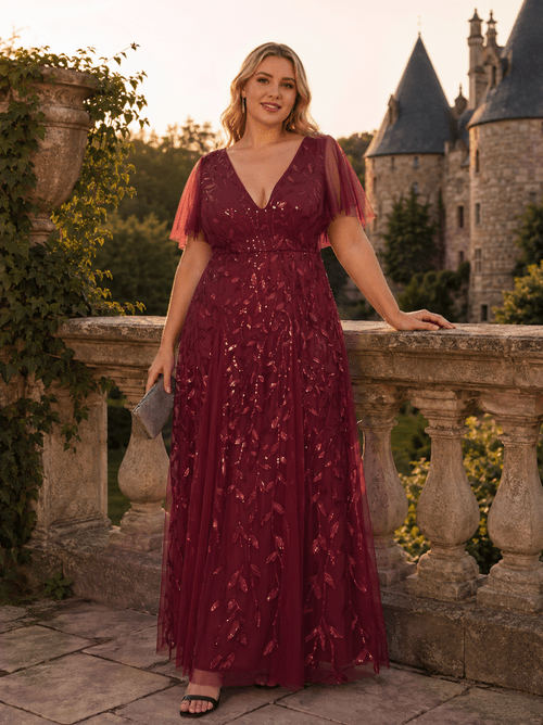 Burgundy Sequined Tulle Maxi Dress with Flutter Sleeves Burgundy Sequined Tulle Maxi Dress with Flutter Sleeves — Cocktail Dresses