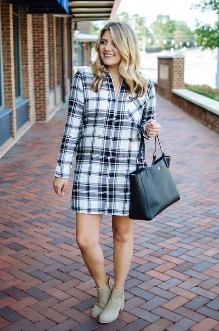 A-Line Plaid Flannel Shirt Dress with Ankle Boots — Flannel Outfits