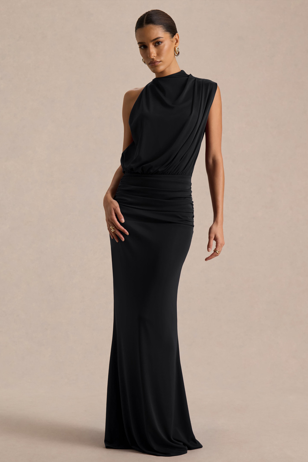 Black Tie One-Shoulder Draped Dress with Fitted Column Skirt — Black Tie Dresses