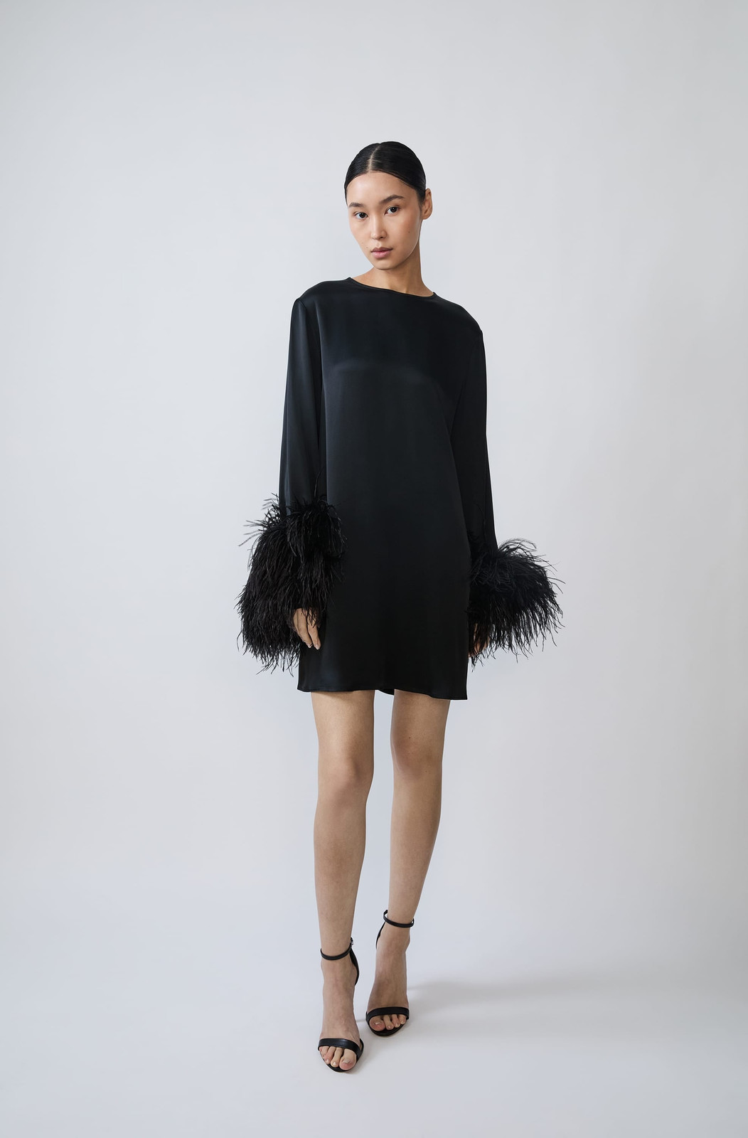 Black Satin Shift Dress with Feather Trim Cuffs — Shift Dresses