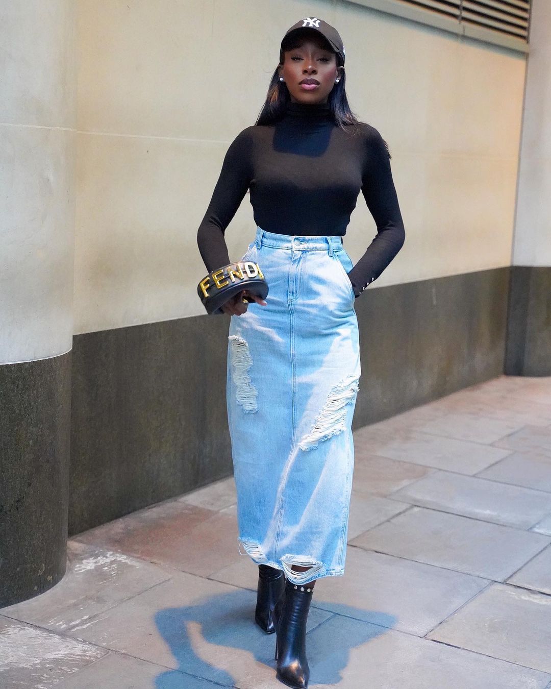 Turtleneck Top with Distressed Denim Maxi Skirt — Outfits for Long Torso