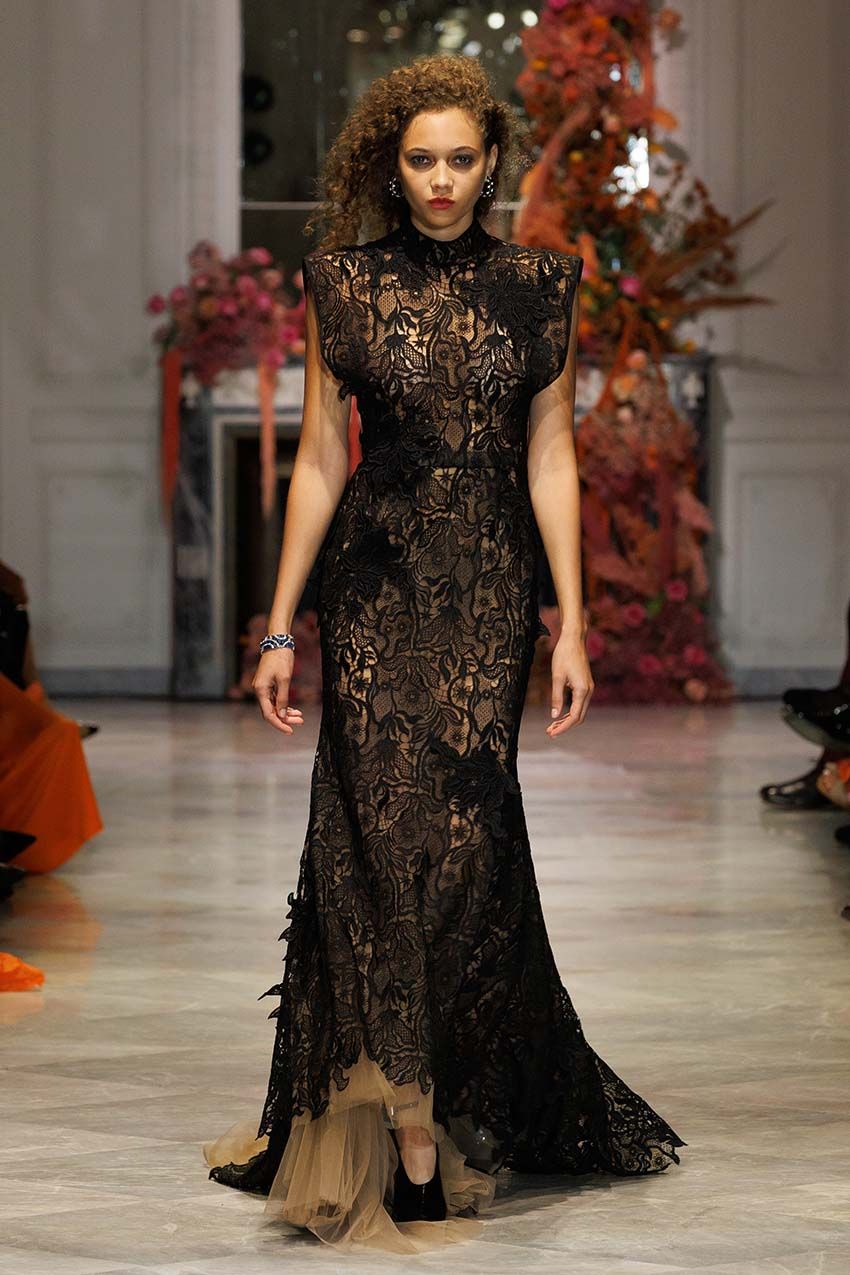 Black Lace Column Gown: Voluminous Silhouette — Lace Dress Outfits