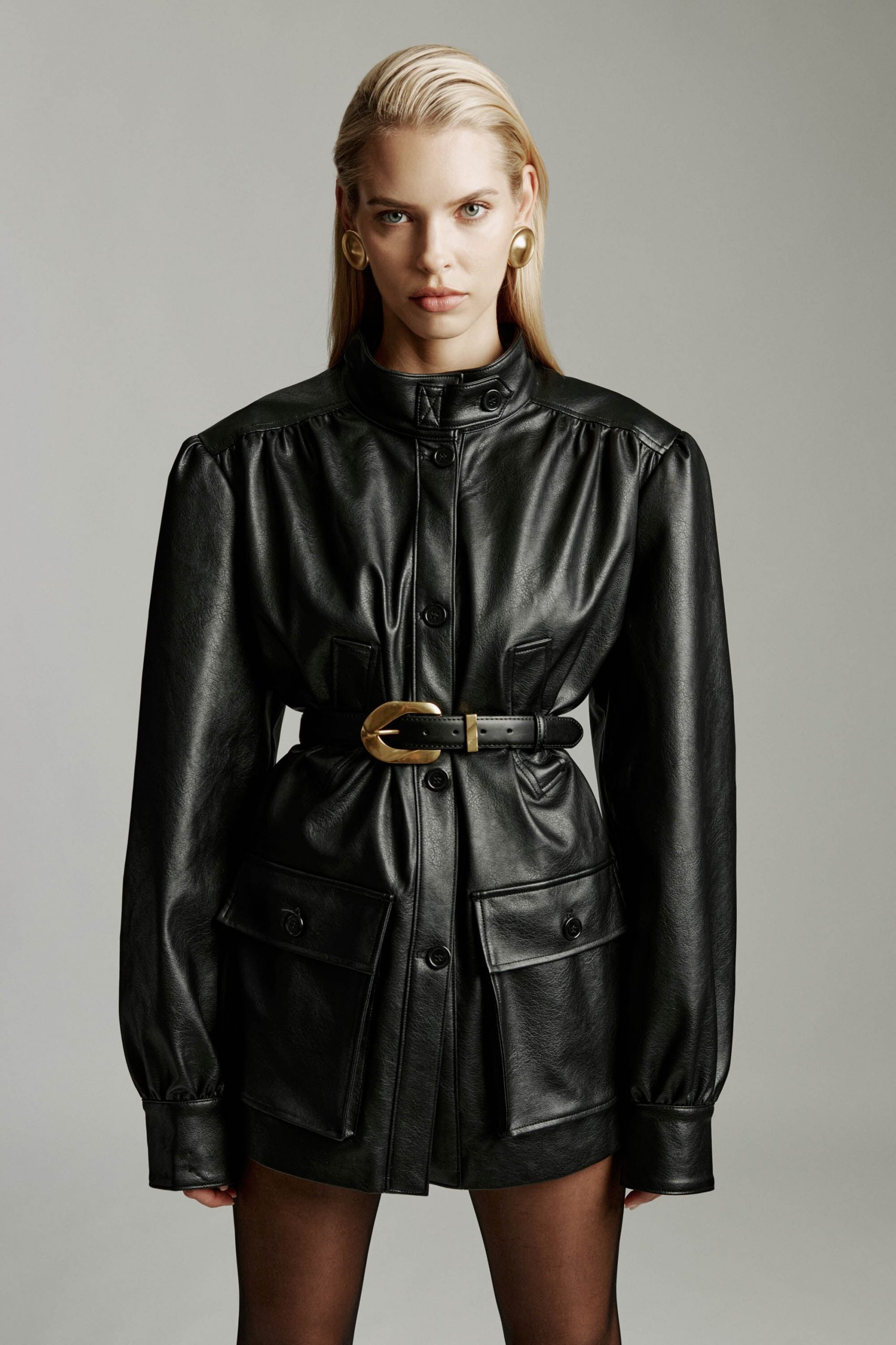 Black Vegan Leather Jacket with Structured Shoulders Black Vegan Leather Jacket with Structured Shoulders — Leather Jackets
