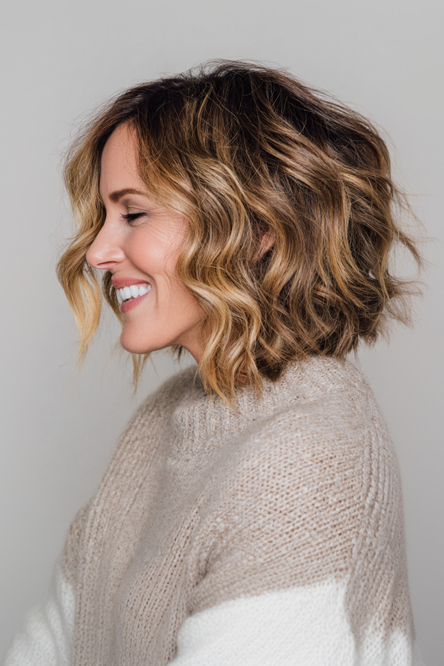 Chin Bob with Dark Blonde and Caramel Highlights Chin Bob with Dark Blonde and Caramel Highlights — Lowlights Over 50