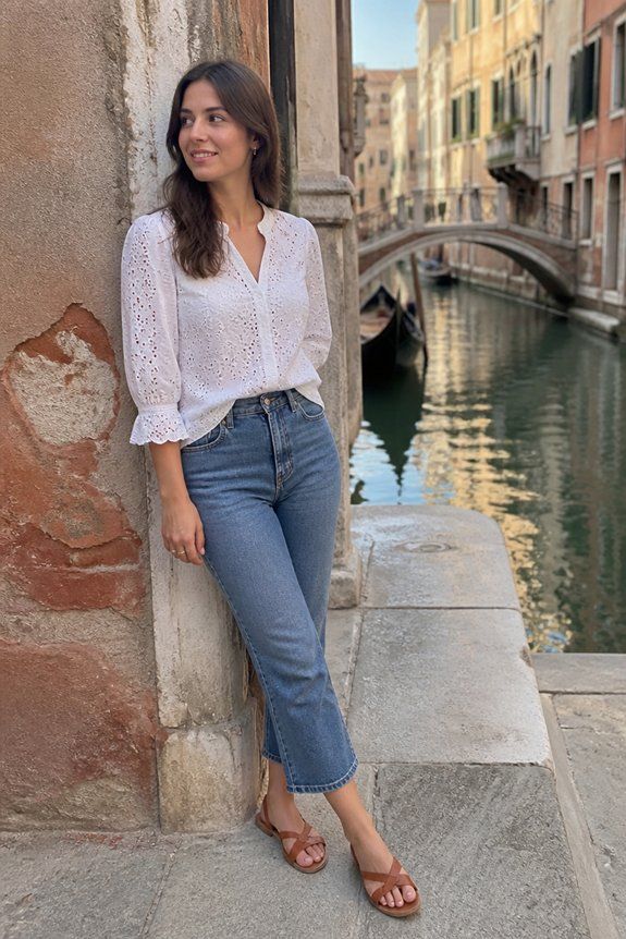Eyelet Blouse with Cropped Jeans for Casual Charm — Venice Outfits
