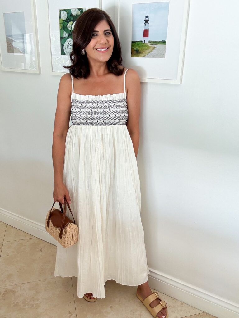 Smocked Bodice Midi Dress with Straw Tote Smocked Bodice Midi Dress with Straw Tote — J Crew Outfits