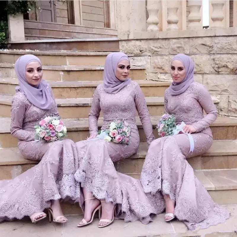 Lavender Long-Sleeve Lace Dresses with Mermaid Silhouettes Lavender Long-Sleeve Lace Dresses with Mermaid Silhouettes — Hijab Wedding Guest Outfits