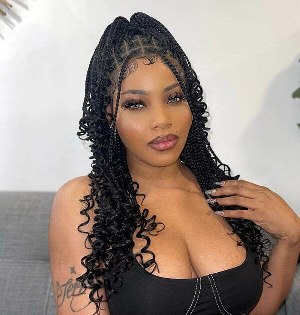 No Bangs Long Black Knotless Braids with Abundant Curls — Knotless Braids with Curls