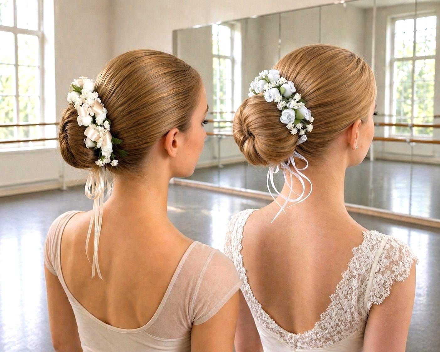 Low Buns With White Floral Accents — Dance Recital Hairstyles