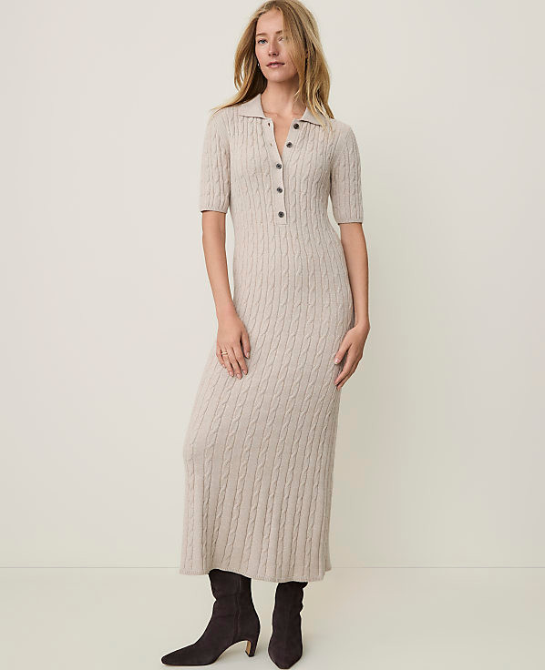 Beige Cable-Knit Polo Dress with Button Placket — Petite Dresses