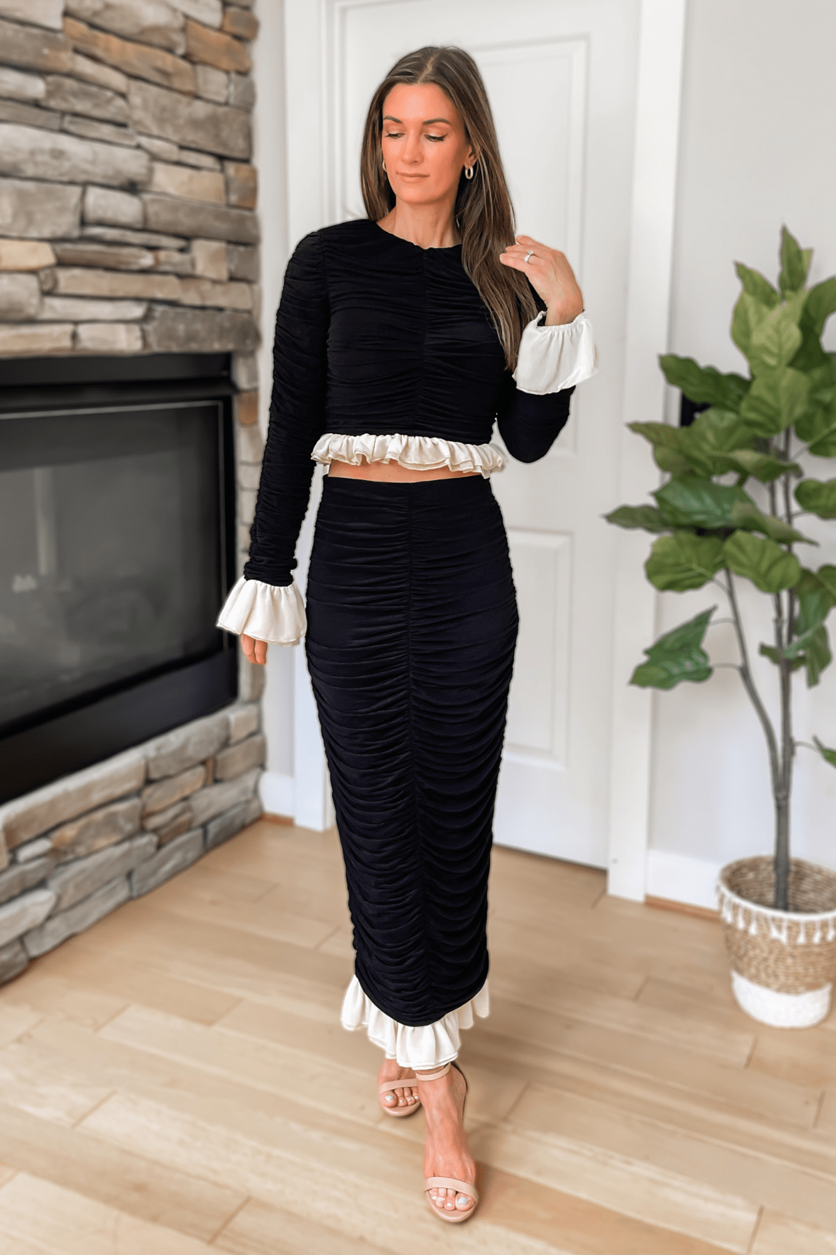 Chic Black Ruched Two-Piece with Satin Trim for Evening Chic Black Ruched Two-Piece with Satin Trim for Evening — Two Piece Outfits