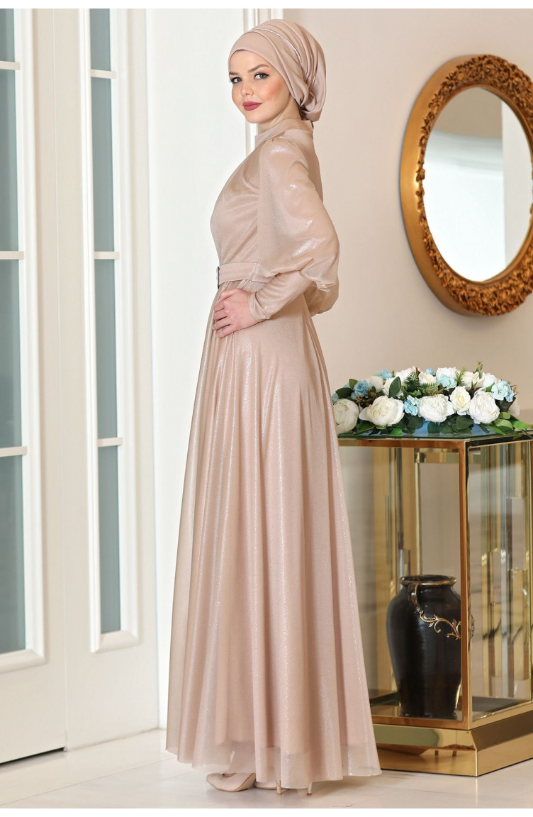 Shimmering Gold A-Line Evening Dress — Formal Hijab Outfits