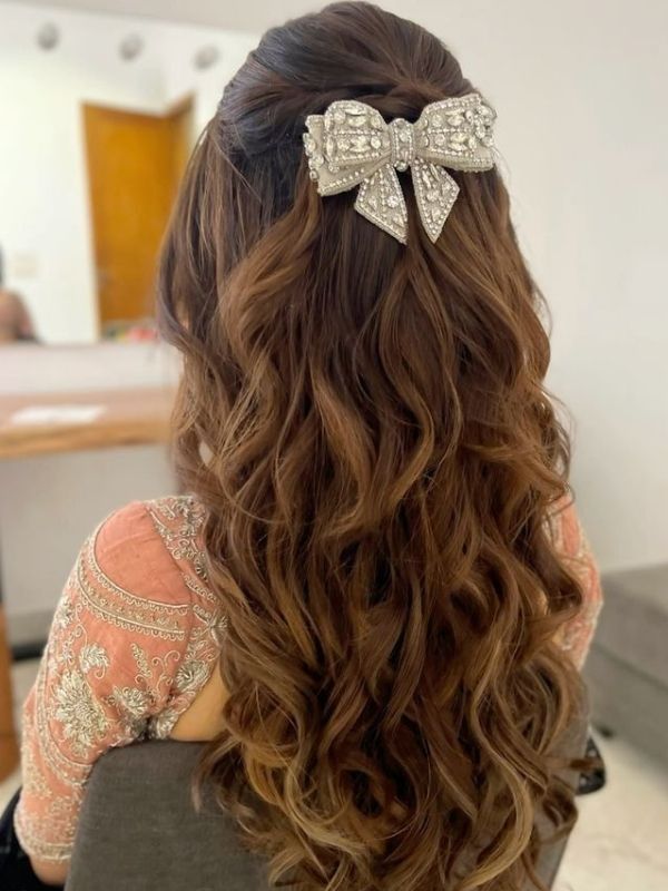 Warm Brown Half-Up with Jeweled Bow — Wedding Hairstyles for Long Hair