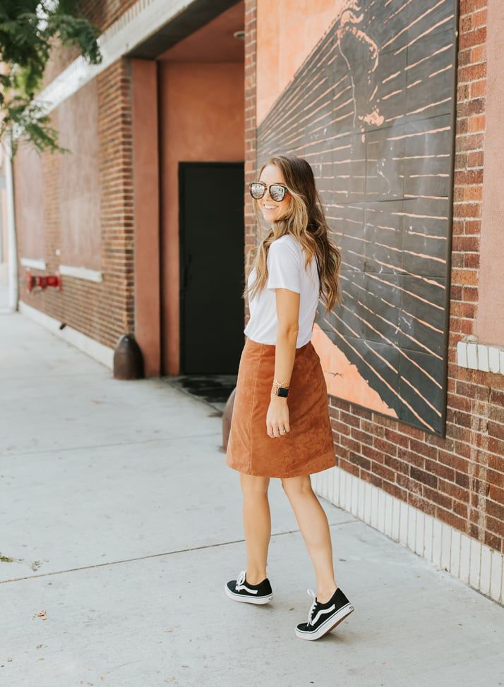 Suede A-Line Skirt with White Tee and Vans Suede A-Line Skirt with White Tee and Vans — Vans Outfits