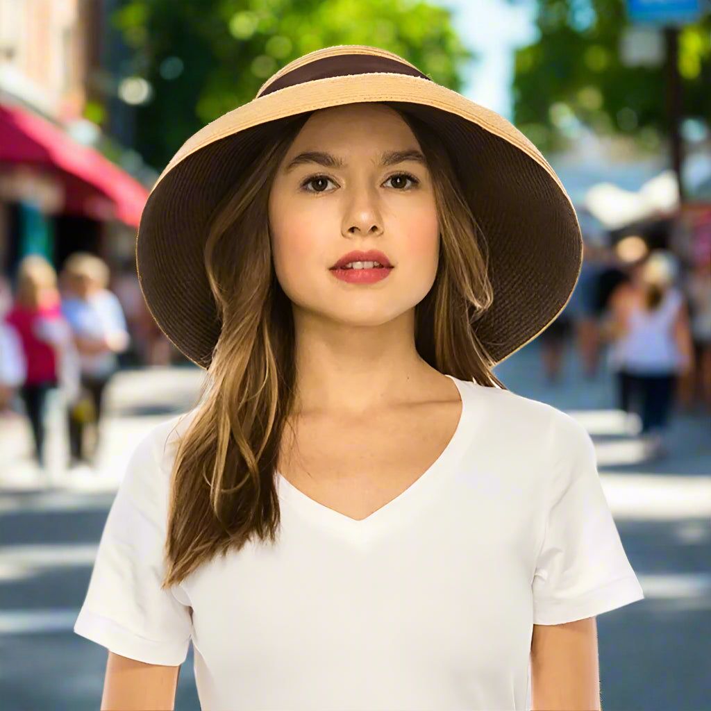 Brown and White Wide Brim Hat with White V-Neck T-Shirt Brown and White Wide Brim Hat with White V-Neck T-Shirt — Wide Brim Hat Outfits