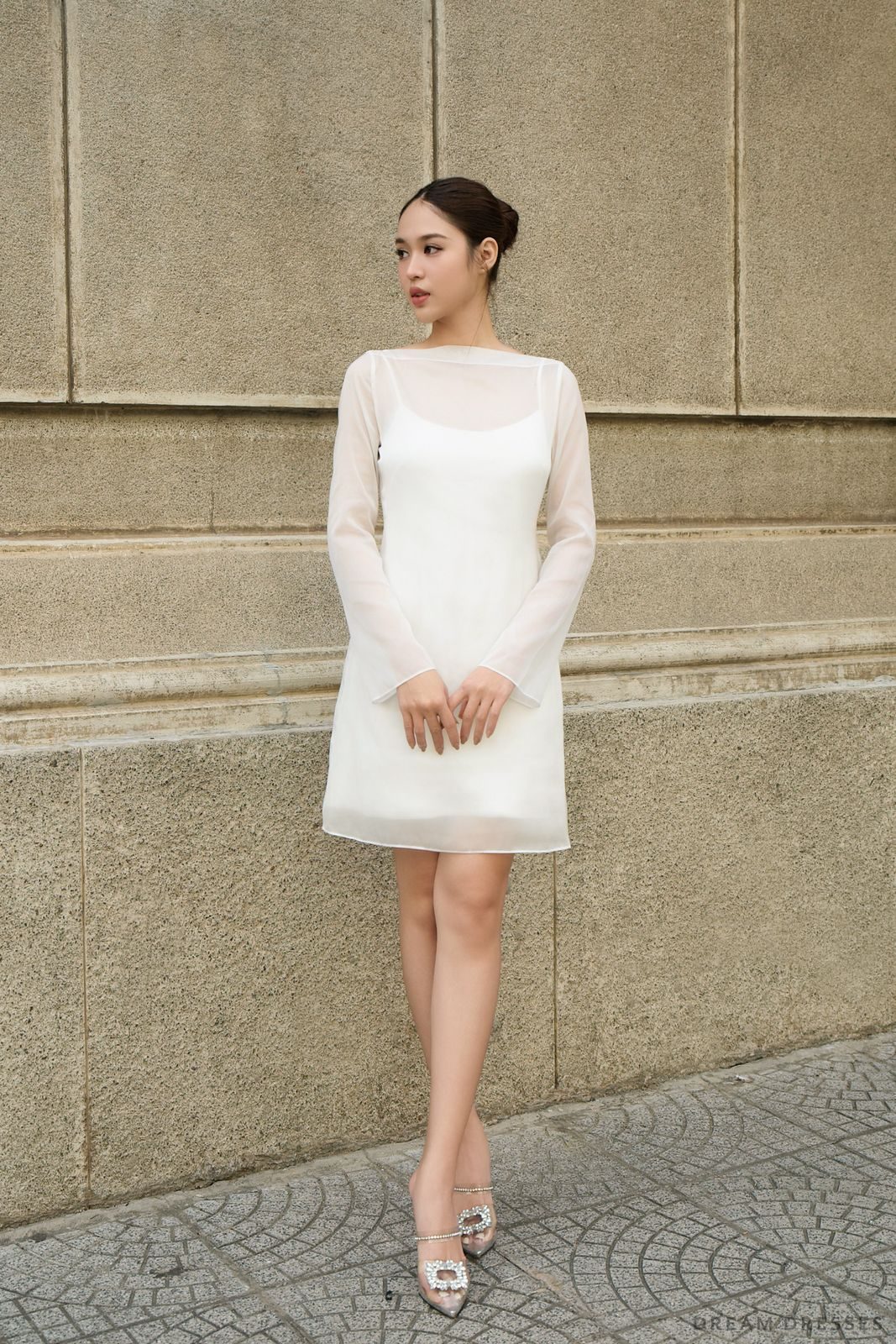 White Shift Dress with Sheer Chiffon Overlay — Rehearsal Dinner Dresses