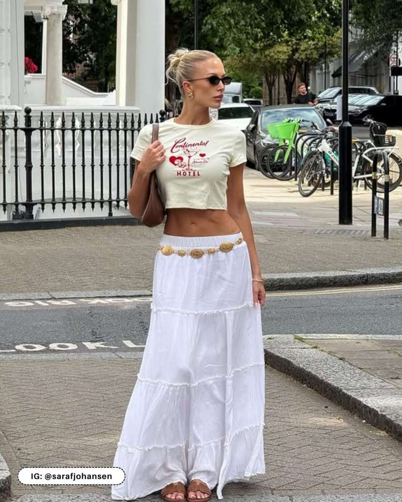 Tiered Maxi Skirt and Cropped Tee with a Coin Detail Belt — Belt Outfits