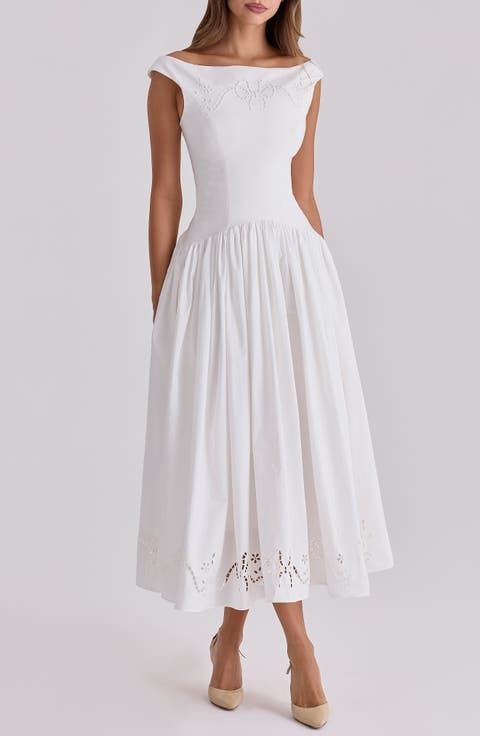 Eyelet Off-the-Shoulder Midi Dress with Gathered Skirt Eyelet Off-the-Shoulder Midi Dress with Gathered Skirt — Dresses for Broad Shoulders