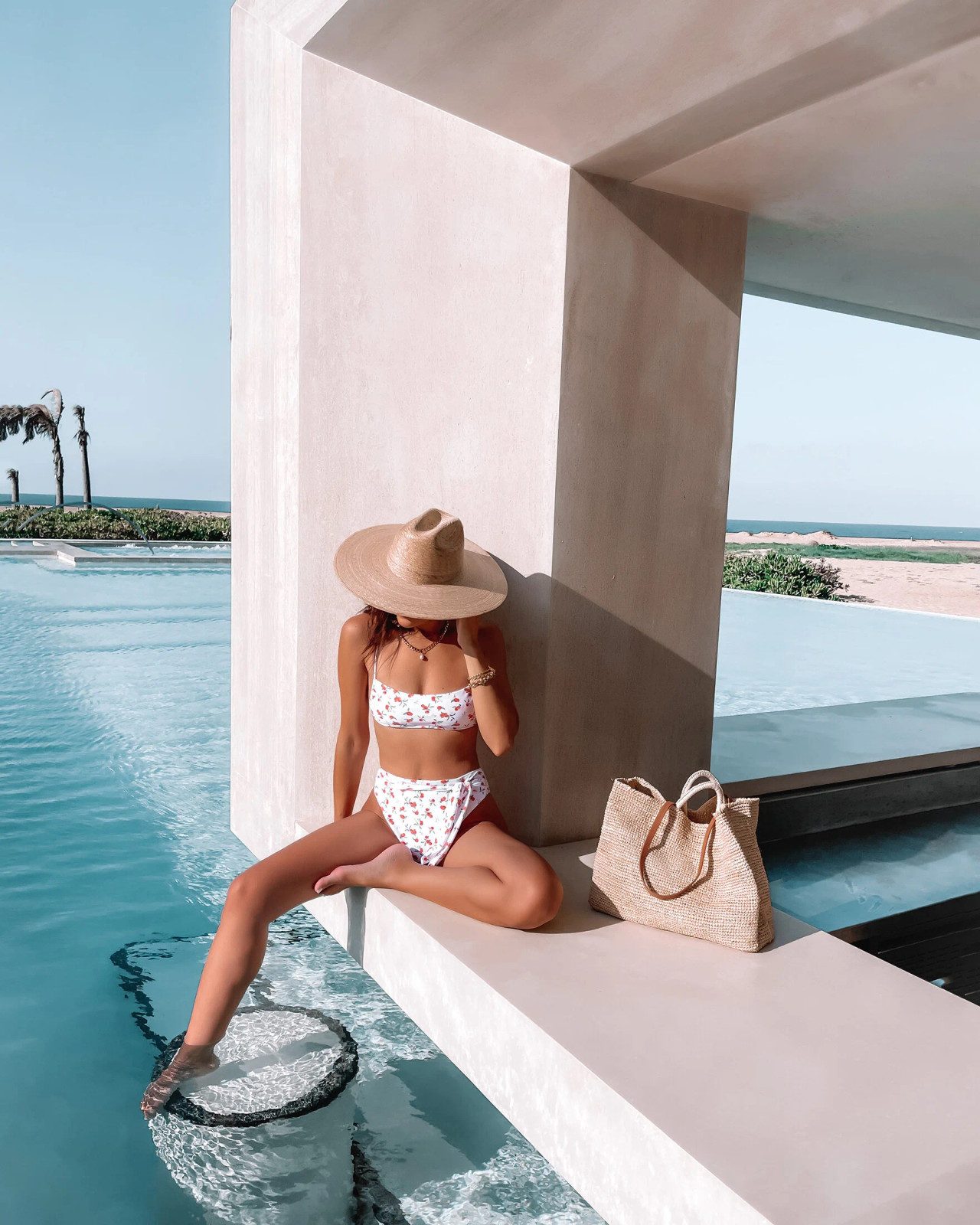 Bold Blue and Orange Patterned Bikini with Oversized Hat Bold Blue and Orange Patterned Bikini with Oversized Hat — Cabo Outfits