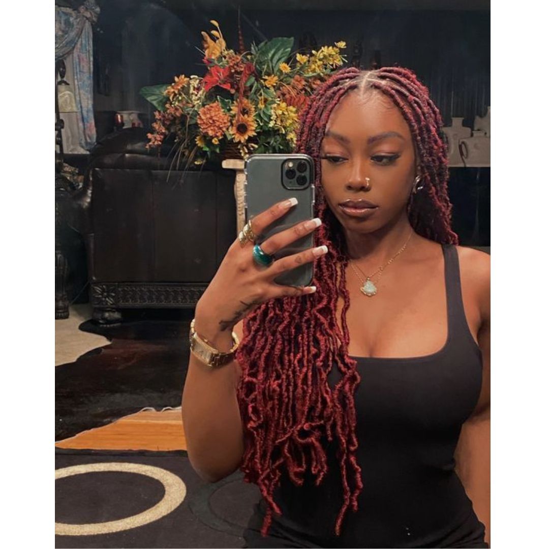 Rich Red Faux Locs with Brown Undertones Rich Red Faux Locs with Brown Undertones — Red Locs