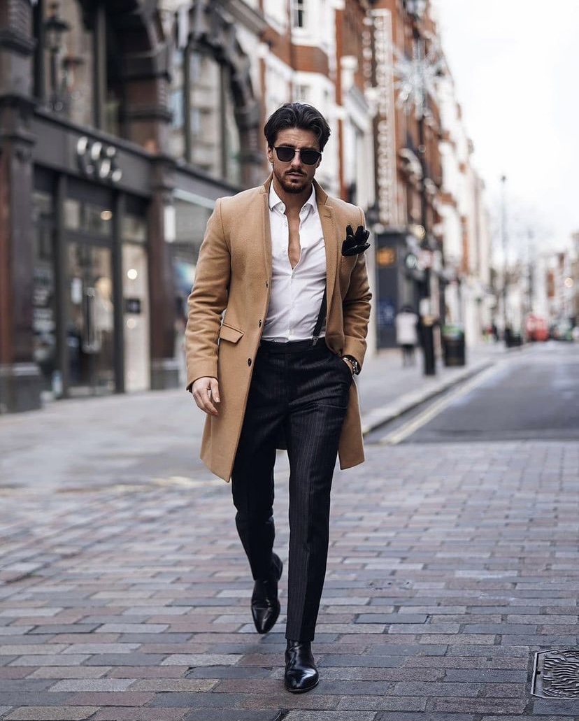 Camel Overcoat with Pinstripe Trousers and Suspenders Camel Overcoat with Pinstripe Trousers and Suspenders — Outfits for Men Over 50