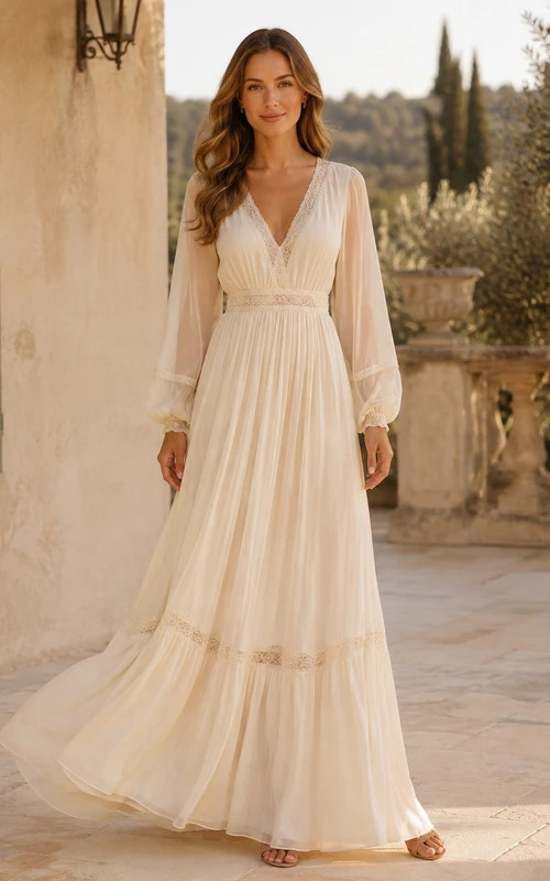 Ivory Chiffon A-Line Dress with Sheer Sleeves Ivory Chiffon A-Line Dress with Sheer Sleeves — Sorority Formal Dresses