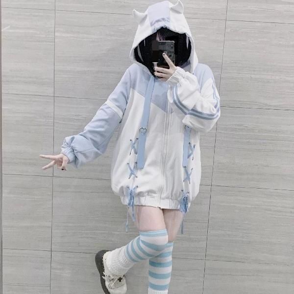 Oversized Hoodie with Cat Ears and Striped Socks — Angelcore Outfits