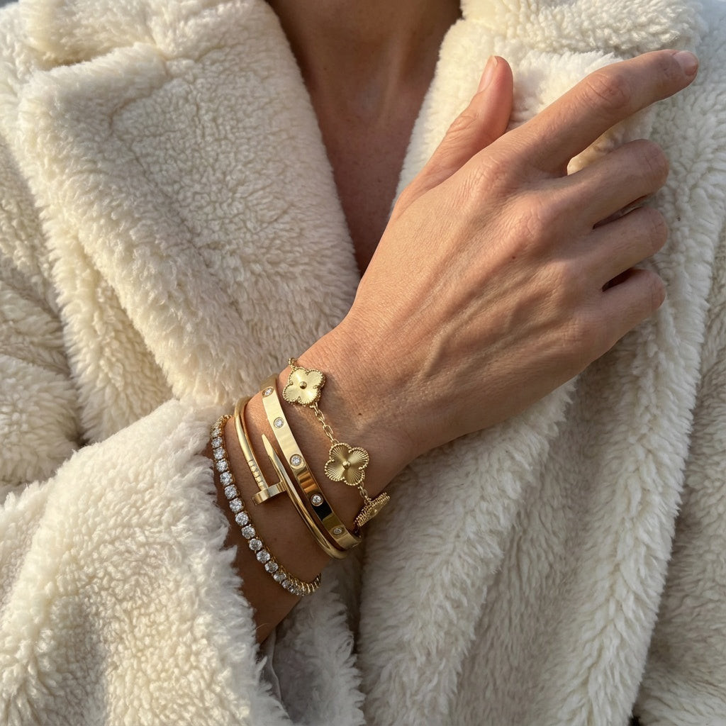 Mixed Gold Bracelet and Bangle Stack with Charm Details — Gold Jewelry Stack