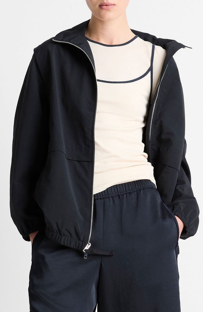 Black Hooded Track Jacket with Cream Tank Top — Track Jacket Outfits