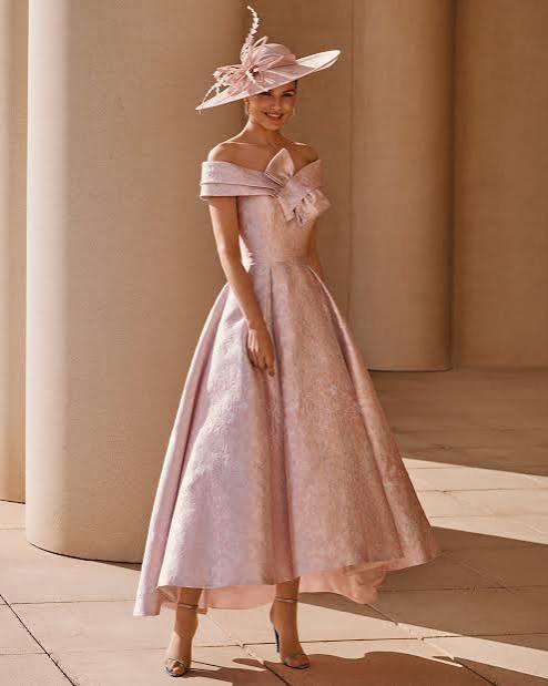 Blush Pink Jacquard Fit-and-Flare Midi Dress with Fascinator Blush Pink Jacquard Fit-and-Flare Midi Dress with Fascinator — Mother of the Bride Outfits