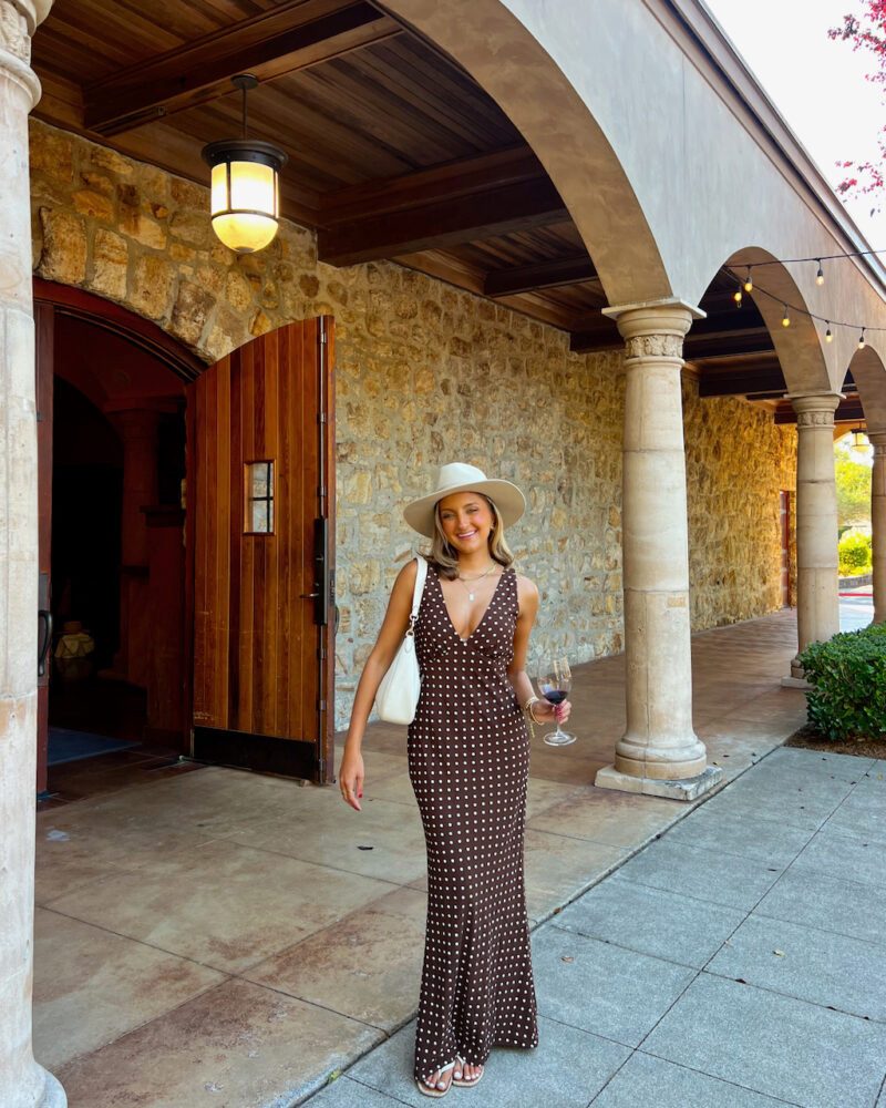 Polka Dot Maxi Dress with Wide-Brimmed Hat Polka Dot Maxi Dress with Wide-Brimmed Hat — Napa Outfits