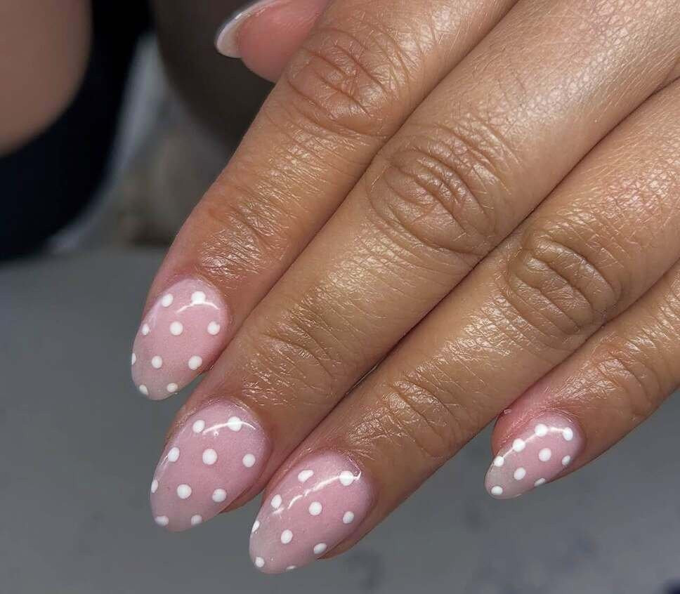White Polka Dot Sheer Pink Overlay Nails White Polka Dot Sheer Pink Overlay Nails