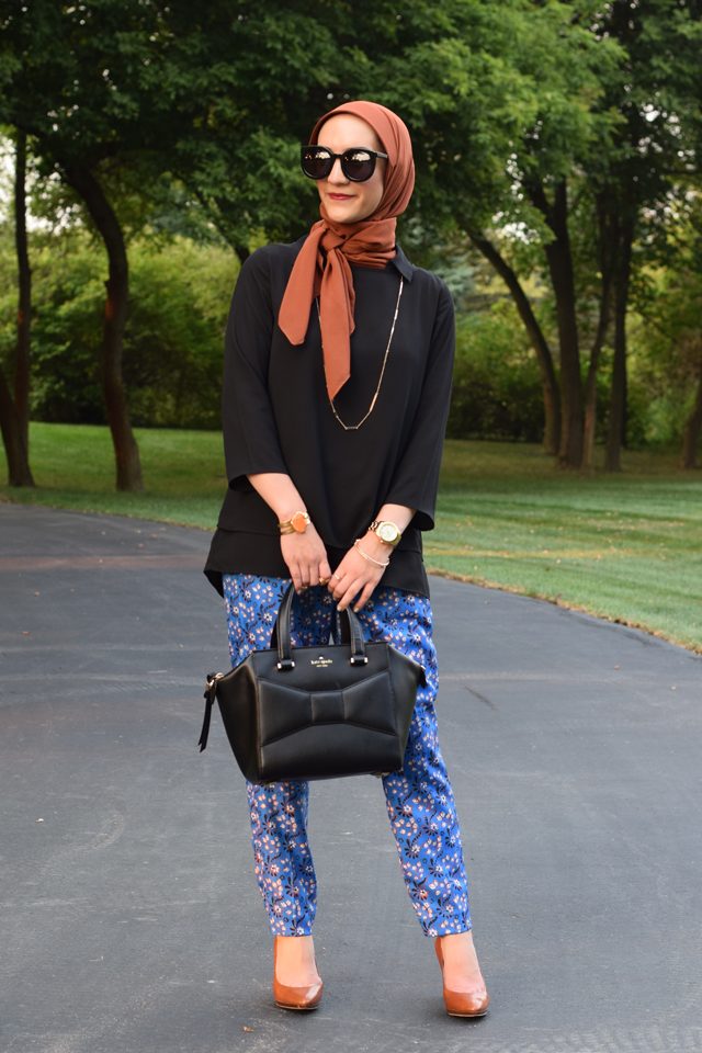 Vibrant Orange Hijab with Patterned Trousers — Hijab Work Outfits
