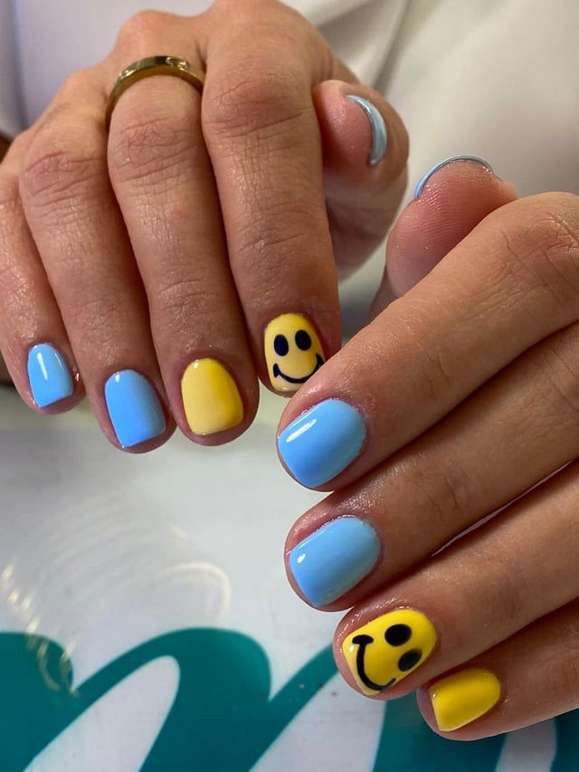 Bright Blue and Yellow With Smiley Thumbs — Smiley Face Nails