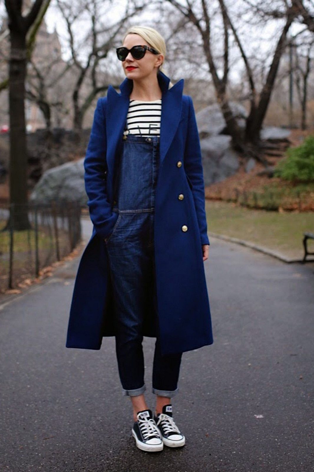 Dark Wash Overalls with Striped Tee, Wool Coat, and Sneakers Dark Wash Overalls with Striped Tee, Wool Coat, and Sneakers