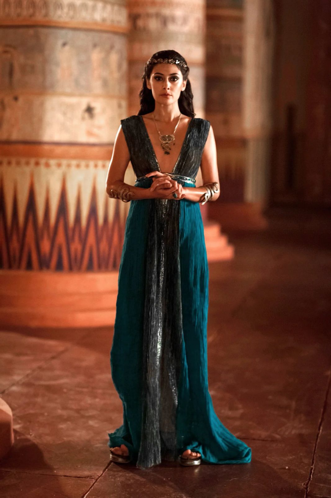 Teal Flowing Dress with Gold Accents for Themed Events Teal Flowing Dress with Gold Accents for Themed Events — Egypt Outfits