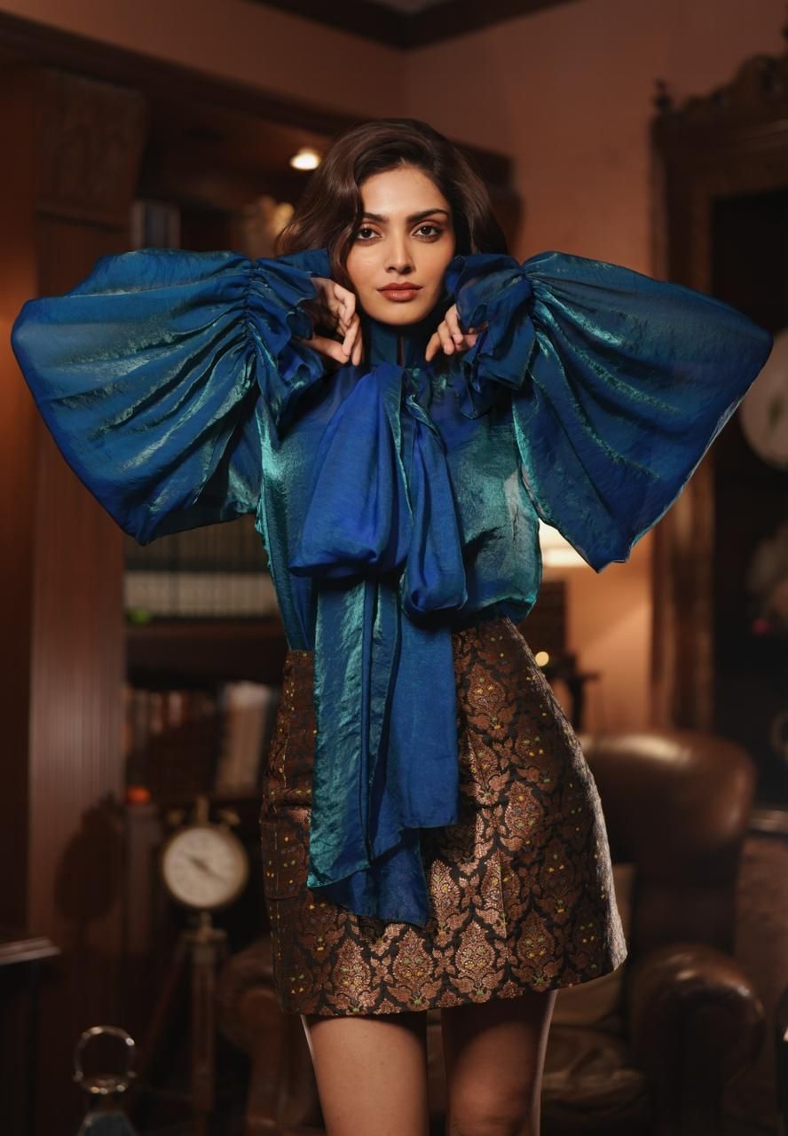Teal Satin Blouse with Bishop Sleeves and Brocade Mini Skirt — Satin Top Outfits