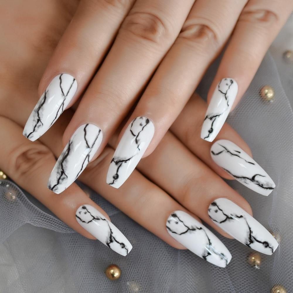 White Marble Black Vein Coffin Nails White Marble Black Vein Coffin Nails — Long Coffin Nails