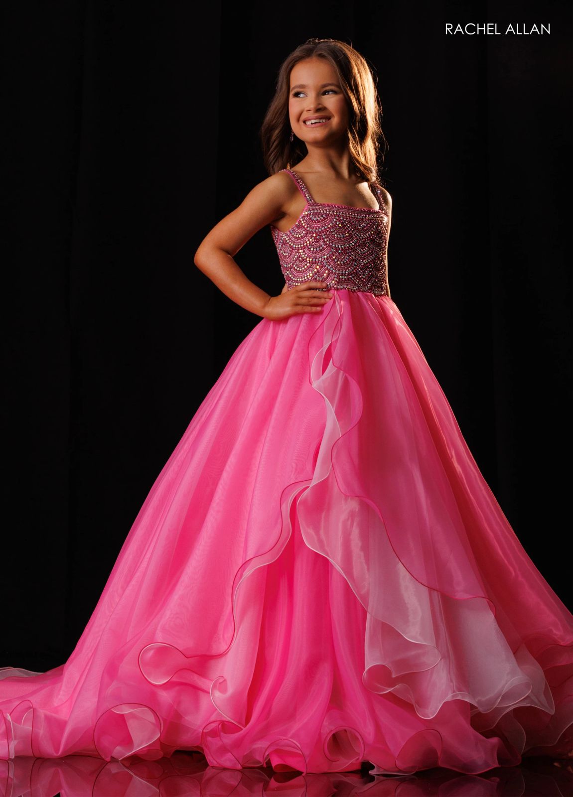 Pink Pageant Gown with Embellished Bodice and Ruffled Organza Skirt Pink Pageant Gown with Embellished Bodice and Ruffled Organza Skirt — Pageant Dresses