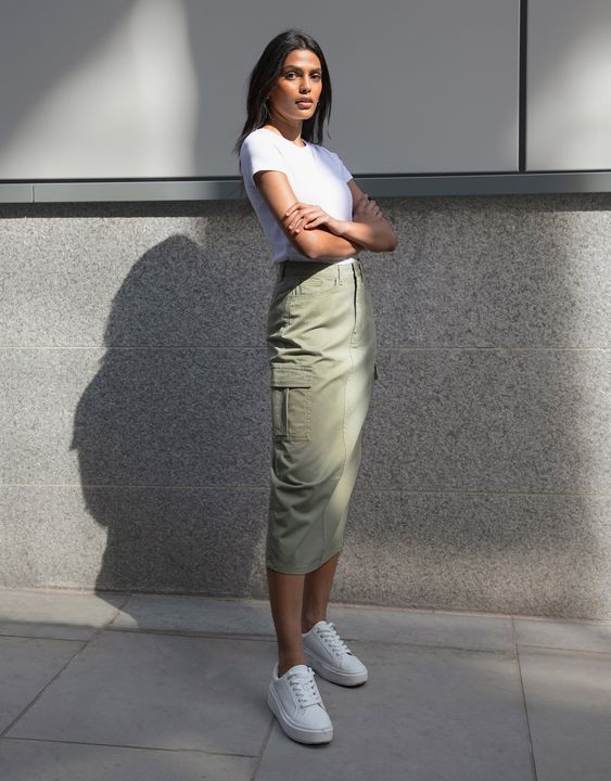 Beige Mini Cargo Skirt with Trench Coat and Loafers — Cargo Skirt Outfits