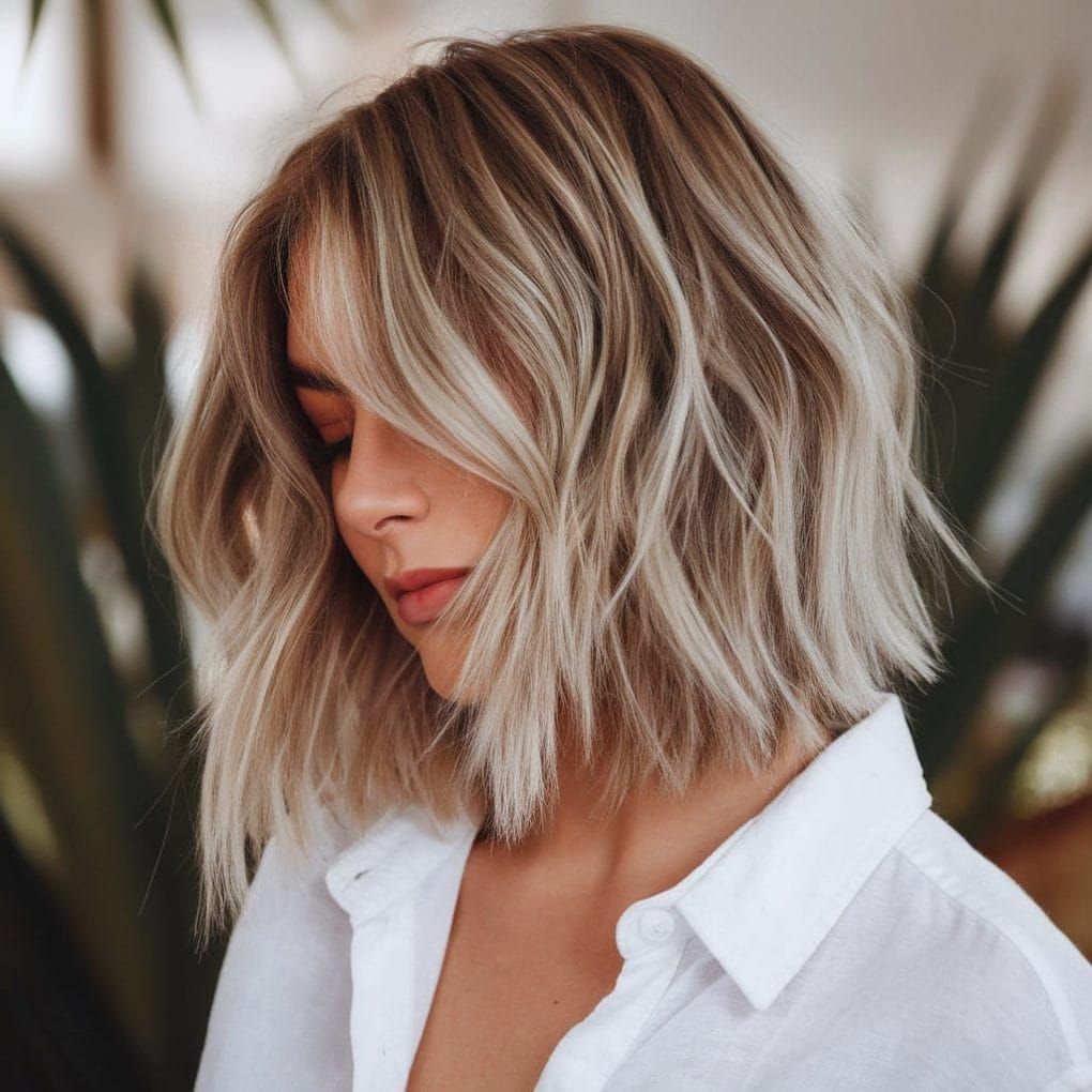 Ash Blonde Long Bob With Side-Swept Bangs — Hairstyles for Double Chin