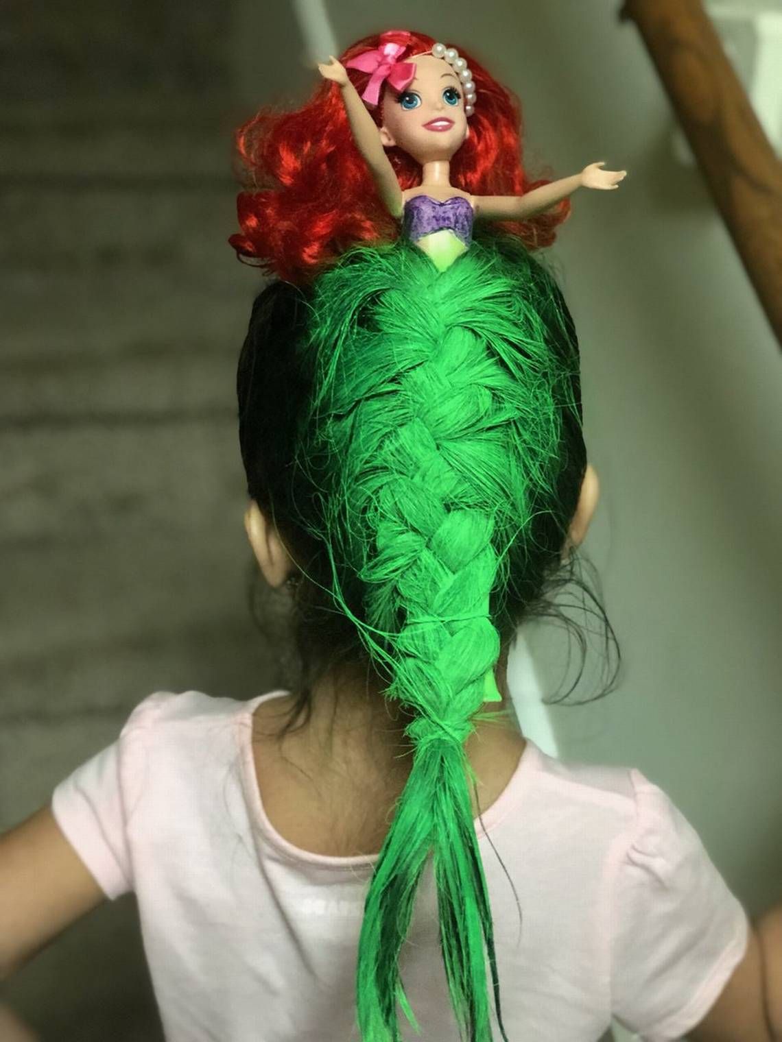 Intricate Green Braid With Doll — Wacky Hair Day Ideas